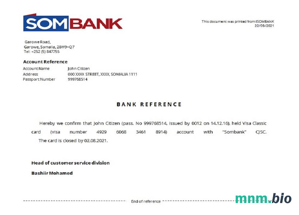 Somalia sombank zamknięcie przykład odniesienia w formatach Word i PDF